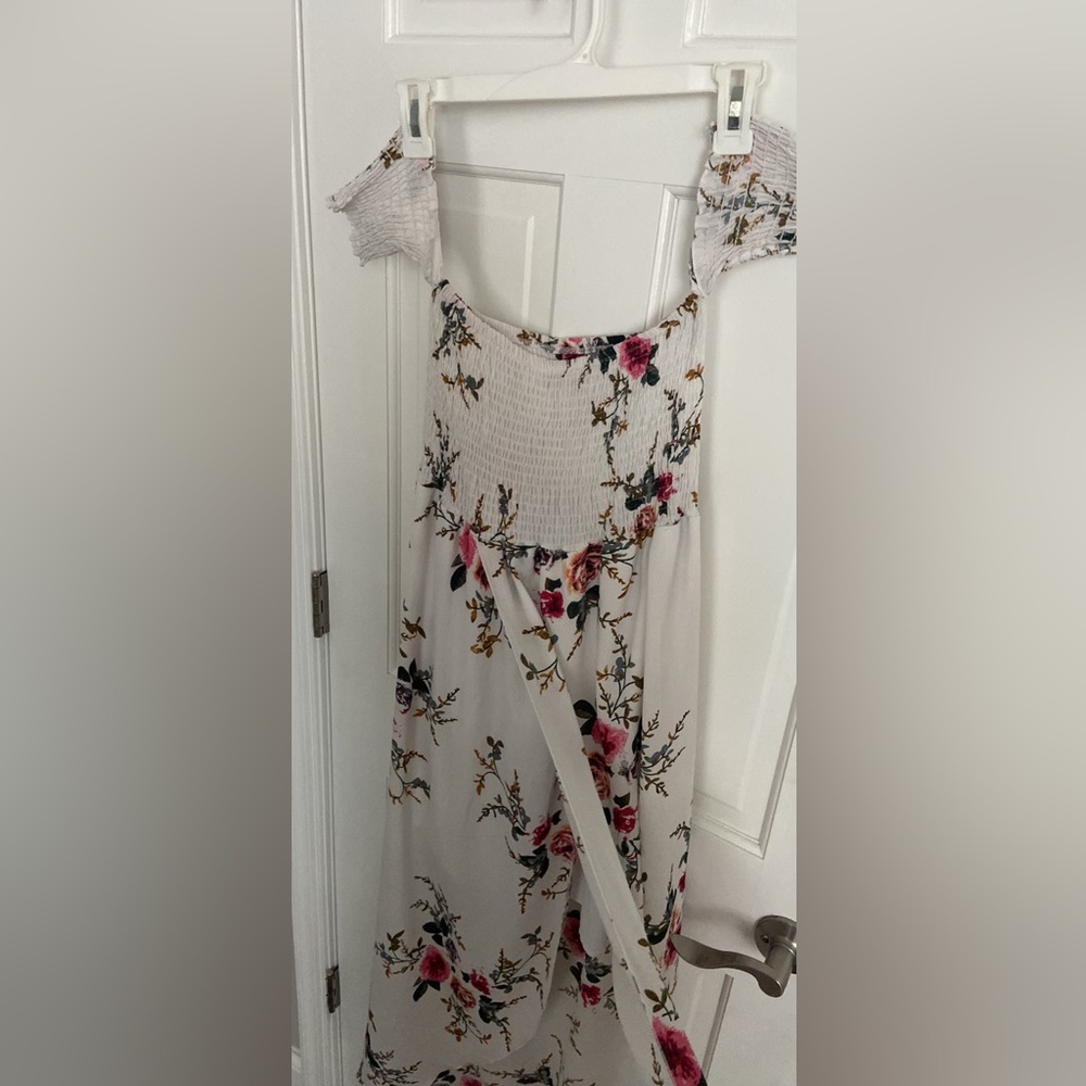 Off shoulder white floral midi dress with slit